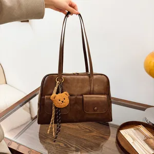 Retro PU Leather Shoulder Bag For Women Multi Pocket Matte Underarm Bag Commuter Tote Handbag With Bear Pendant