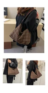 Détail du sac hobo vintage à carreaux marron avec tissu tissé épais et large bandoulière