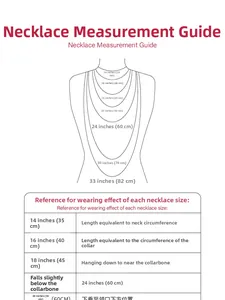 Detailed necklace length guide showing different chain sizes from 14 to 33 inches on neck