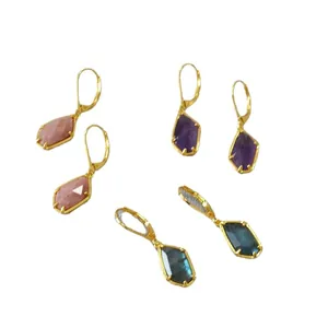 Minimalist gold-plated drop earrings with faceted Labradorite, Amethyst, and Rhodochrosite
