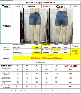 Guide des tailles de shorts en jean stretch pour femmes avec mesures et détails matières