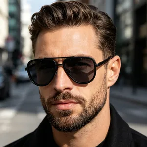 Close-up of stylish black oversized pilot sunglasses with double bridge and dark lenses