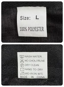 Detail of waffle polo shirt laundry tag showing size L and 100% polyester material care instructions