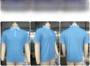 Three-way view of light blue waffle texture polo shirt showing front, side and back details