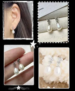 Detailed views of S925 silver star earrings with natural drop-shaped white pearls