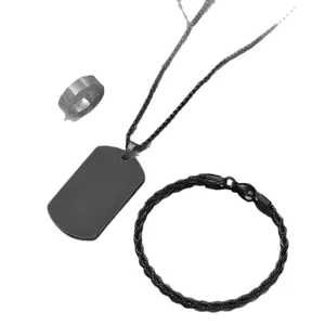 Black titanium steel jewelry set featuring twist chain necklace, bracelet, and wide band ring