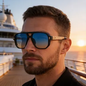 Detail of aviator sunglasses with gradient sunset lenses and golden engraved temples