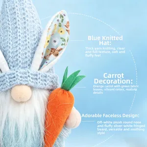 Detail of blue knitted hat and carrot decoration on Easter faceless gnome doll