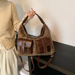 Vintage Large Capacity Women's Shoulder Bag Spliced Tweed PU Leather Multi-pocket Backpack Crossbody Hobo Bag Daily Tote