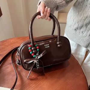 Vintage Women Glossy PU Leather Boston Bag Retro Top Handle Handbag With Beaded Charm Crossbody Shoulder Bag Small Pillow Bag