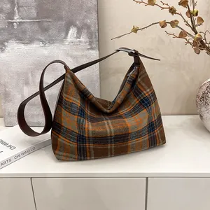 Sac à Épaule Écossais Rétro Grande Capacité Pour Femmes Sac Tote Hobo en Laine Avec Bandoulière Réglable Fermeture Éclair