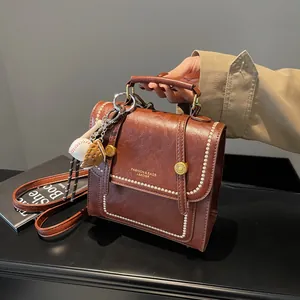 Korean Retro PU Leather Mini Backpack Handbag For Women Vintage Commuting Small Square Satchel With Baseball Charm And Adjustable Straps
