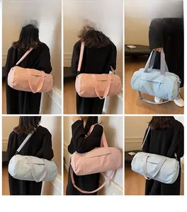Detailed model views showing pink and blue sports yoga cylinder bags from multiple angles