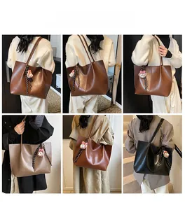 Collage of solid color tote bags in dark brown, khaki, and black with soft leather texture