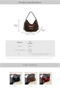 Tabla detallada de tallas para bolso vintage de cuero PU con medidas y varios colores