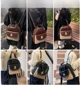 Collage of chic brown and black plaid backpacks showing back and hand-carry styles