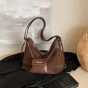 Bolso de Hombro Retro de Cuero PU Patchwork de Ante para Mujer Bolso Hobo de Medialuna Elegante Con Cadena Plateada Mini Bolsa