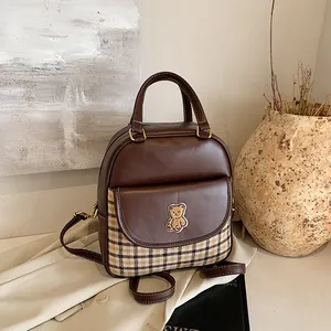 Women Fashion PU Leather Grid Splicing Backpack Vintage Teddy Bear Embroidery Patch Large Capacity Handbag Crossbody Bag