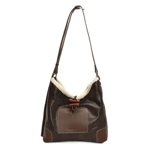 Retro faux leather tote with white fleece trim and wooden button detail for women
