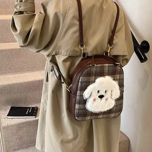 Brown plaid tote bag with cute cartoon dog embroidery and adjustable leather strap