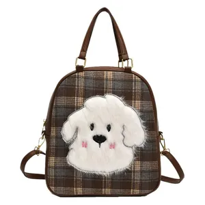Large plaid tote bag with cute plush cartoon dog detail and brown leather straps