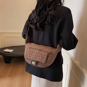 Vintage brown plaid crossbody bag with metal twist lock and front flap pocket for women