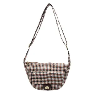 Vintage checkered fanny pack for women with quilted texture and golden turn-lock