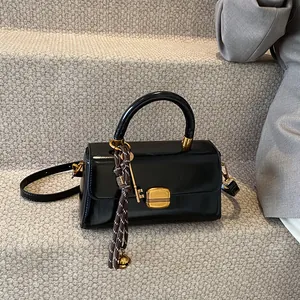 Women Retro Glossy PU Leather Underarm Shoulder Bag Vintage Small Square Crossbody Bag With Gold Lock And Designer Pendant