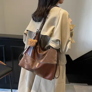 Retro brown large capacity tote bag with patchwork leather and striped scarf accessory
