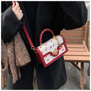 Detail of red cherry print handbag with gold rose lock and woven handle on outdoor bench