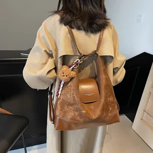2025 autumn winter brown large leather tote bag with a cute bear charm for women