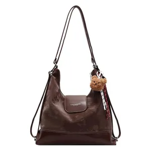 Retro brown large capacity tote bag with bear charm and contrast stitching