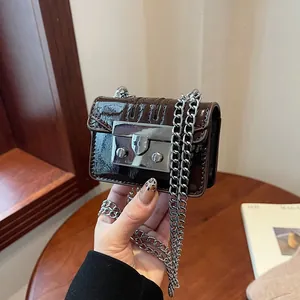 Women's Mini Patent Leather Crossbody Bag Silver Metal Lock Chain Strap Small Square Bag Coin Purse Fashion Daily Bag