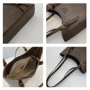 Détails du sac fourre-tout marron rétro avec boucle en métal et poche intérieure zippée