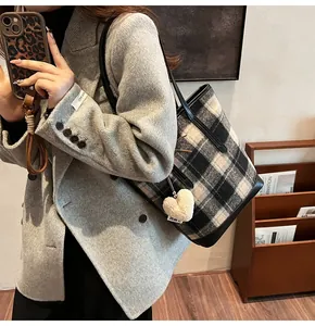 Détail du cabas à carreaux avec anses en cuir et breloque coeur sur un manteau gris