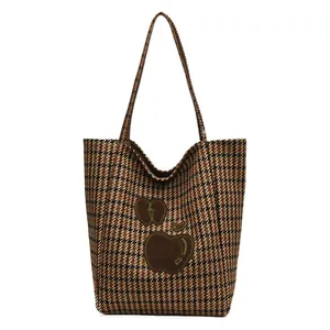 Chique houndstooth draagtas met bruine appel-patches voor dagelijks woon-werkverkeer