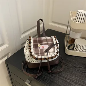 Women's Mini Star Print Backpack Sweet Plaid Contrast Color Shoulder Bag With Ruffles Bow Decor Patchwork Ladies Handbag