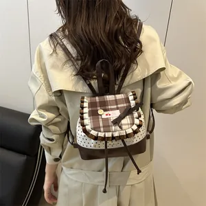Japanese style sweet star pattern backpack with pleated trim and cherry ribbon detail