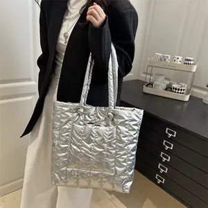Chic silver metallic quilted puffer tote bag for women with large capacity commuter style