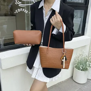 Brown woven tote bag and zipper pouch set with shoulder strap for women