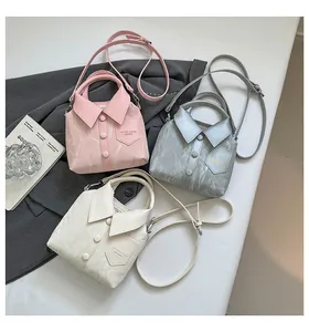 Three bucket bags with marble texture and shirt-style design in pink, grey and white
