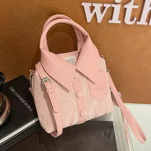 Pink shirt-style bucket bag with collar design and adjustable strap for women
