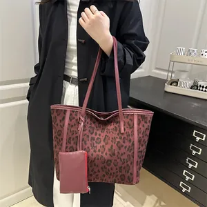 Large leopard print tote bag set with matching shoulder strap and small pouch for women