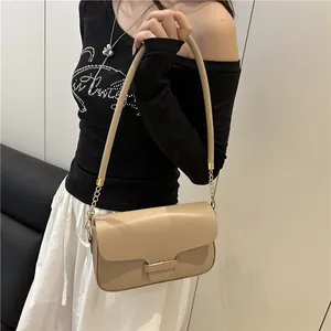 Chic beige rectangular leather flap shoulder bag with gold chain strap for women