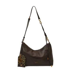 Retro dark brown leather tote bag for women with leopard print charm and gold hardware