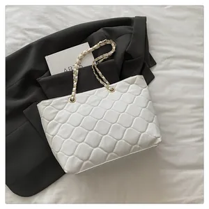 Detail of white quilted texture and gold chain strap on stylish shoulder bag