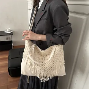 Chic beige tote bag with woven fringe detail and large capacity for women's daily use