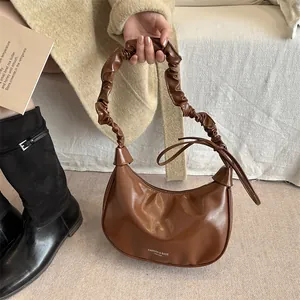 Sac Hobo Plissé Mode en Cuir PU Demi-Lune Sac à Épaule Avec Nœud Détail Sac à Main Urbain Simple Sac Messager Chic Quotidien