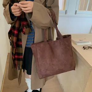 Detail shot of brown suede tote bag featuring long handles and soft matte texture