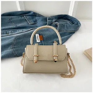 Detail shot of beige cross-grain leather handbag with gold chain and handle